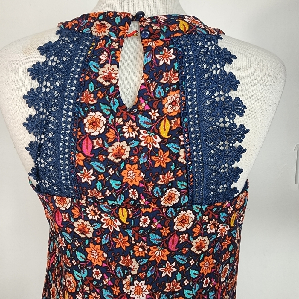 As U Wish Floral Print Sleeveless Back Blue Lace Mini Women's Dress Size M